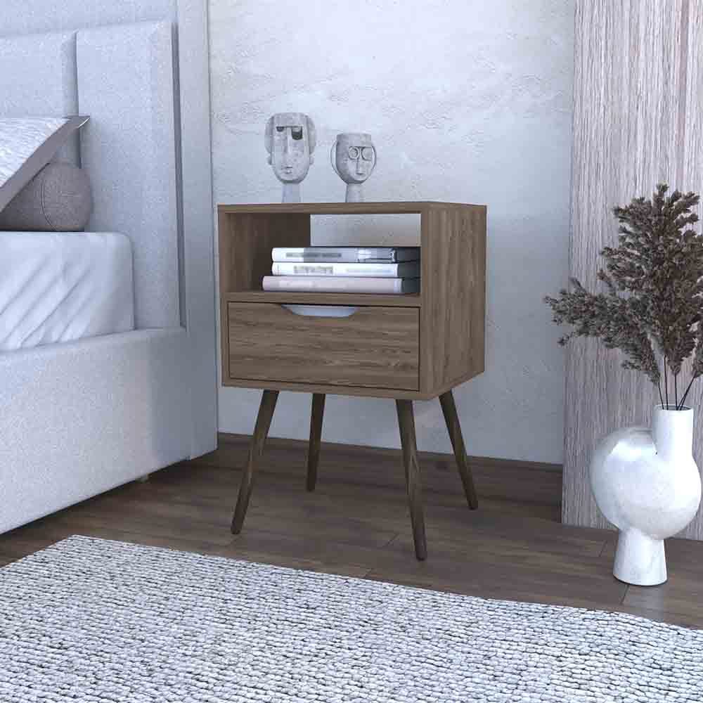 Nightstand  Fugaz, Open Shelf, Single Drawer, Dark Walnut Finish