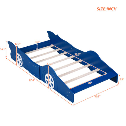 Twin Size Race Car-Shaped Platform Bed with Wheels,Blue