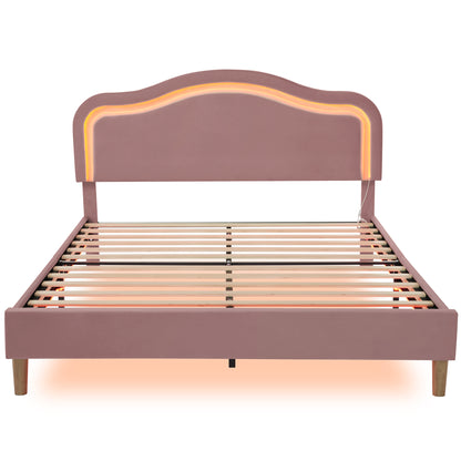 Queen Size Velvet Upholstered Smart LED Bed Frame with Adjustable Height Headboard,No Box Spring Needed,Easy Assembly,Pink