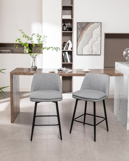 Counter Height Swivel Bar Stools Set of 2, 360° Swivel Upholstered Barstools with Back and Metal Legs, 25.6" Seat Height,Counter Stools for Kitchen Island and Pub,Linen Cloth,Grey