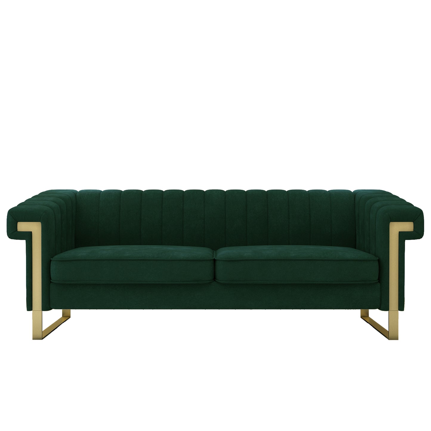 FX-P81-RG2  RETRO GREEN SOFA Modern Cream Velvet Sofa with Gold Accents - Sleek Channel-Tufted Upholstery, 3-Seat Couch for Living Room and Office Decor