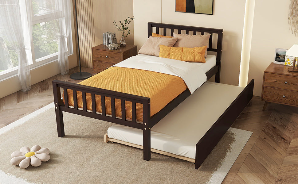 Twin Bed with Trundle, Platform Bed Frame with Headboard and Footboard, for Bedroom Small Living Space,No Box Spring Needed,Espresso(Old SKU:W50440557)