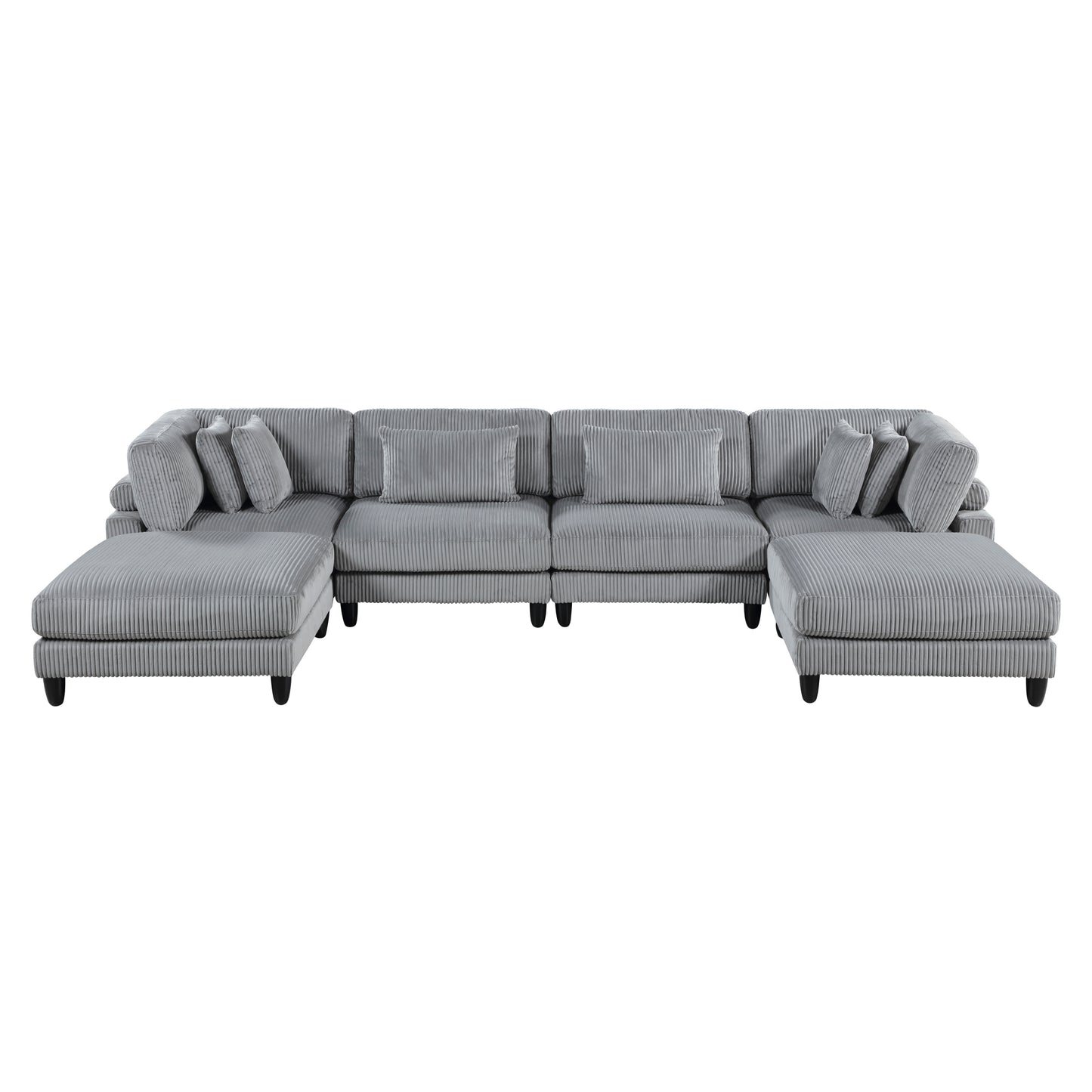 6pc Modular Sectional Set Gray Corduroy Upholstery 2x Armless Chairs 2x Corner Seats 2x Ottomans Pillows Living Room Furniture