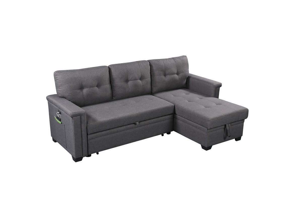 Ashlyn 84" Dark Gray Reversible Sleeper Sectional Sofa with Storage Chaise, USB Charging Ports and Pocket