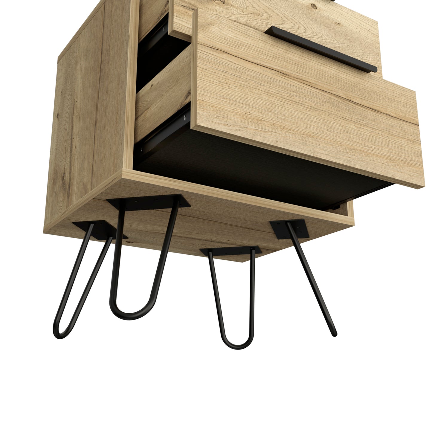 Nightstand 22" H, Four hairpin legs, Two Drawers, Light Oak