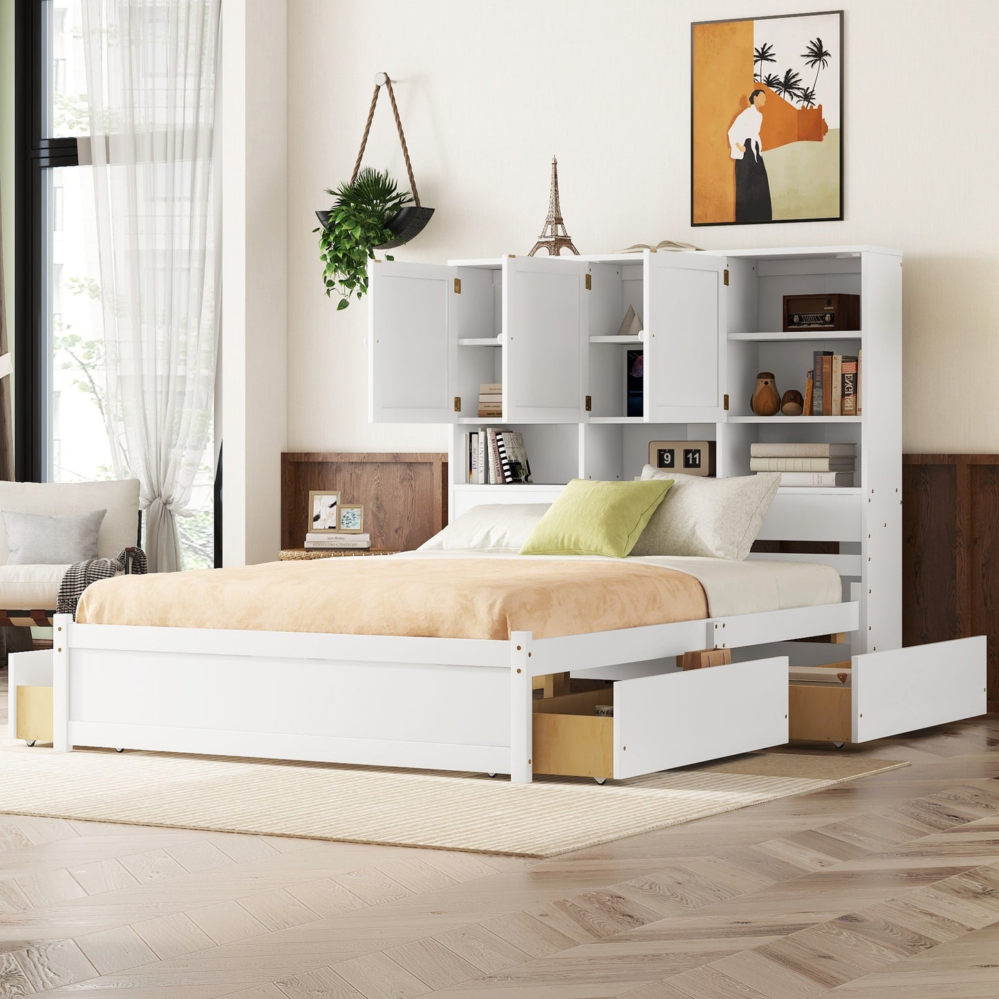 Queen Size Platform Bed with Storage Headboard and 4 Drawers, White