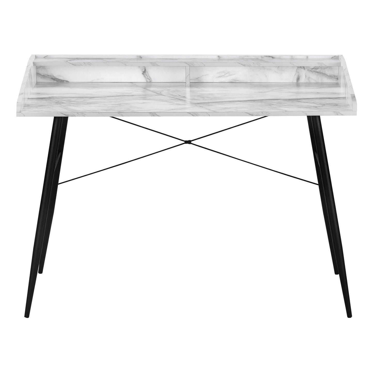 Computer Desk, Home Office, Laptop, Storage Shelves, 48"l, Work, White Marble Look Laminate, Black Metal, Contemporary, Modern