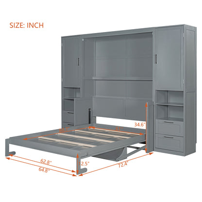 Queen Size Murphy Bed Wall Bed with Closet ,Drawers and Shelves,Gray