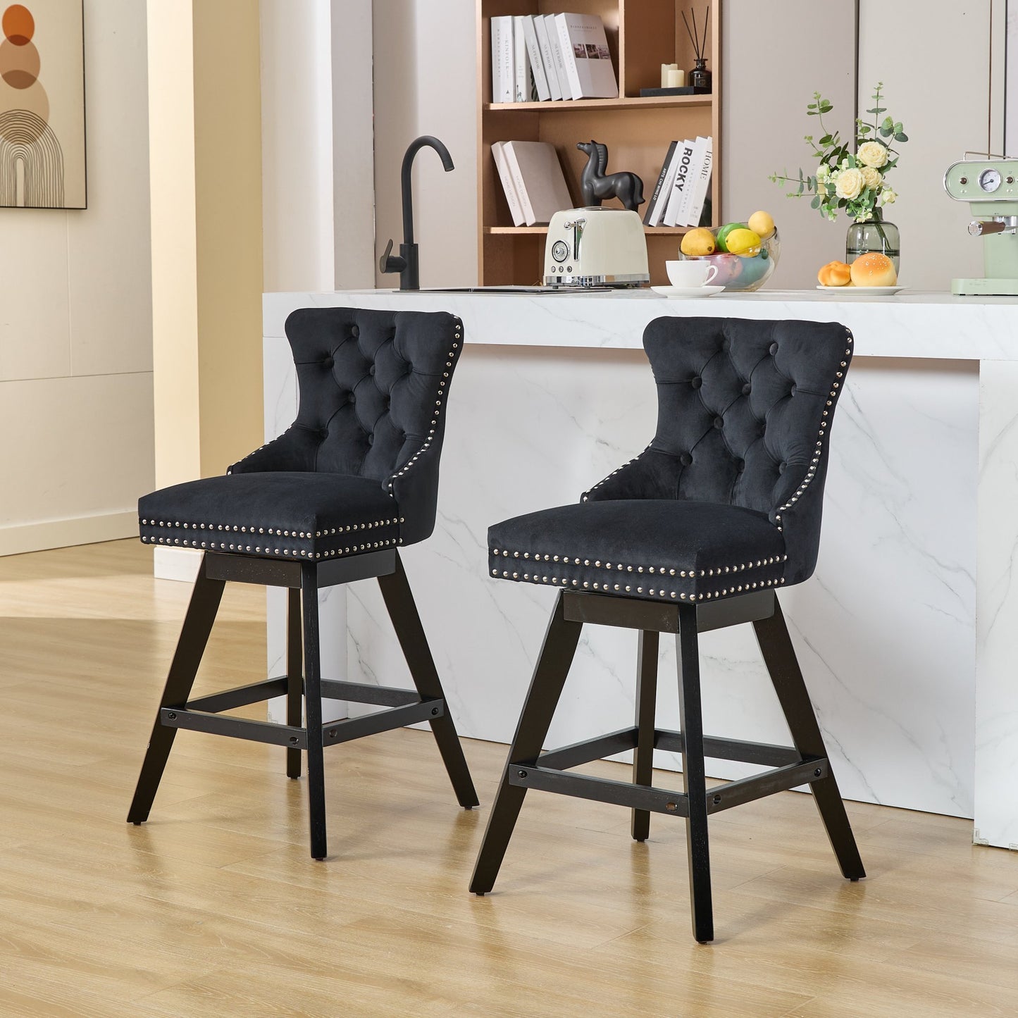 Swivel Velvet Barstools with Button Tufted Decoration and Wooden Legs, and Chrome Nailhead Trim, Leisure Style Bar Chairs,Bar stools, Set of 2 (Black),SW1860BK