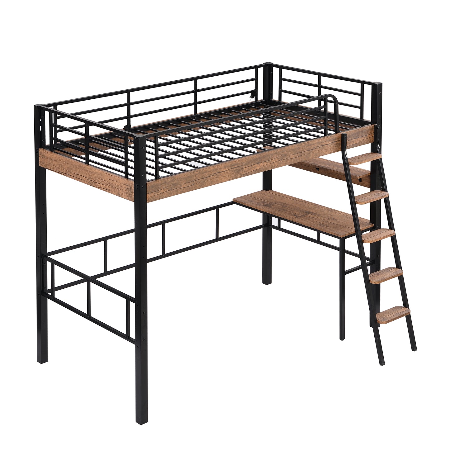 Metal Twin Loft Bed with Built-in Desk, Storage Shelf and Ladder in Black Finish, Metal and Wood Construction
