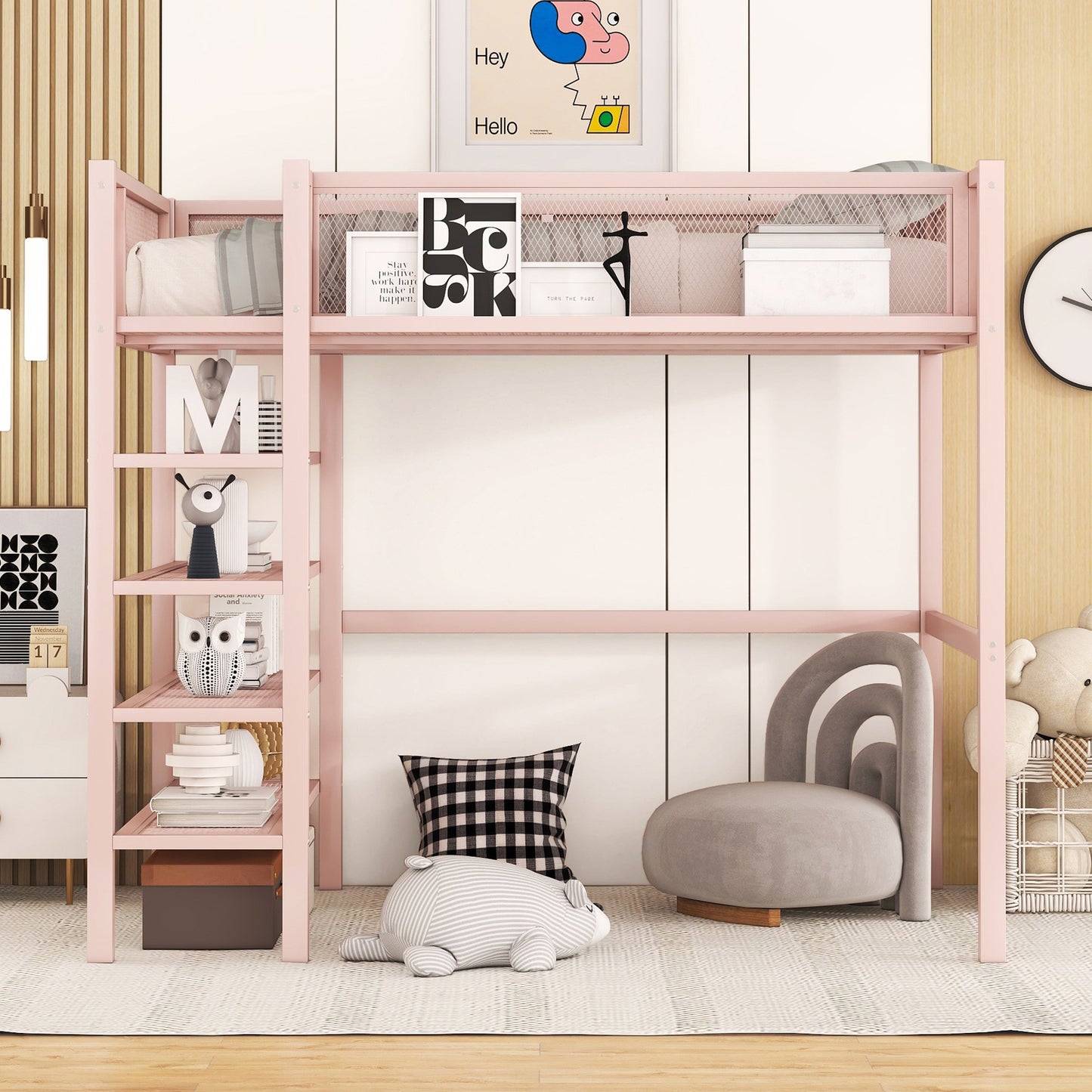 Twin Size Metal Loft Bed with 4-Tier Shelves and Storage, Pink