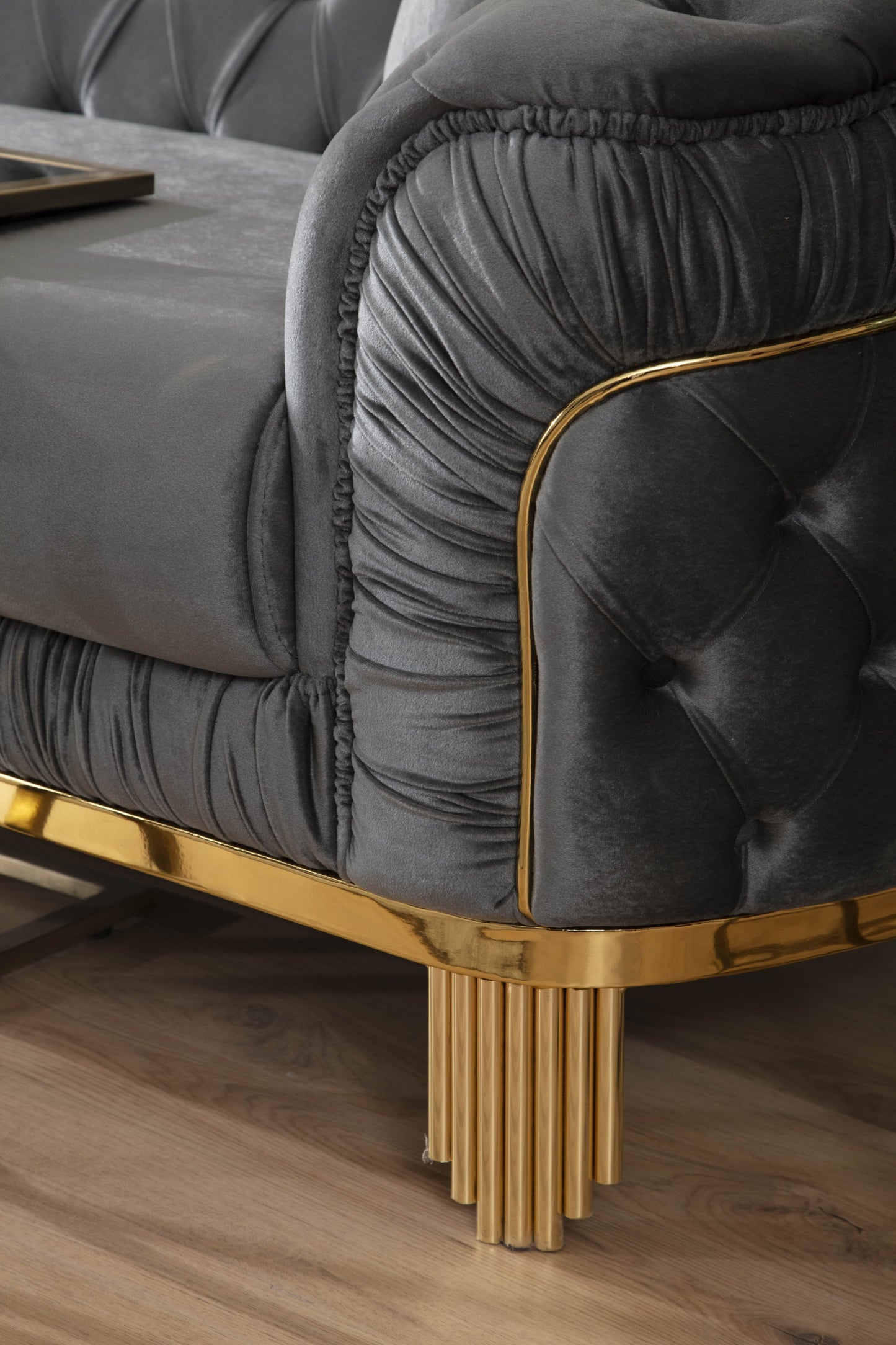 Vanessa Sofa in Grey and Gold with Fabric button-tufted velvet upholstery Finish