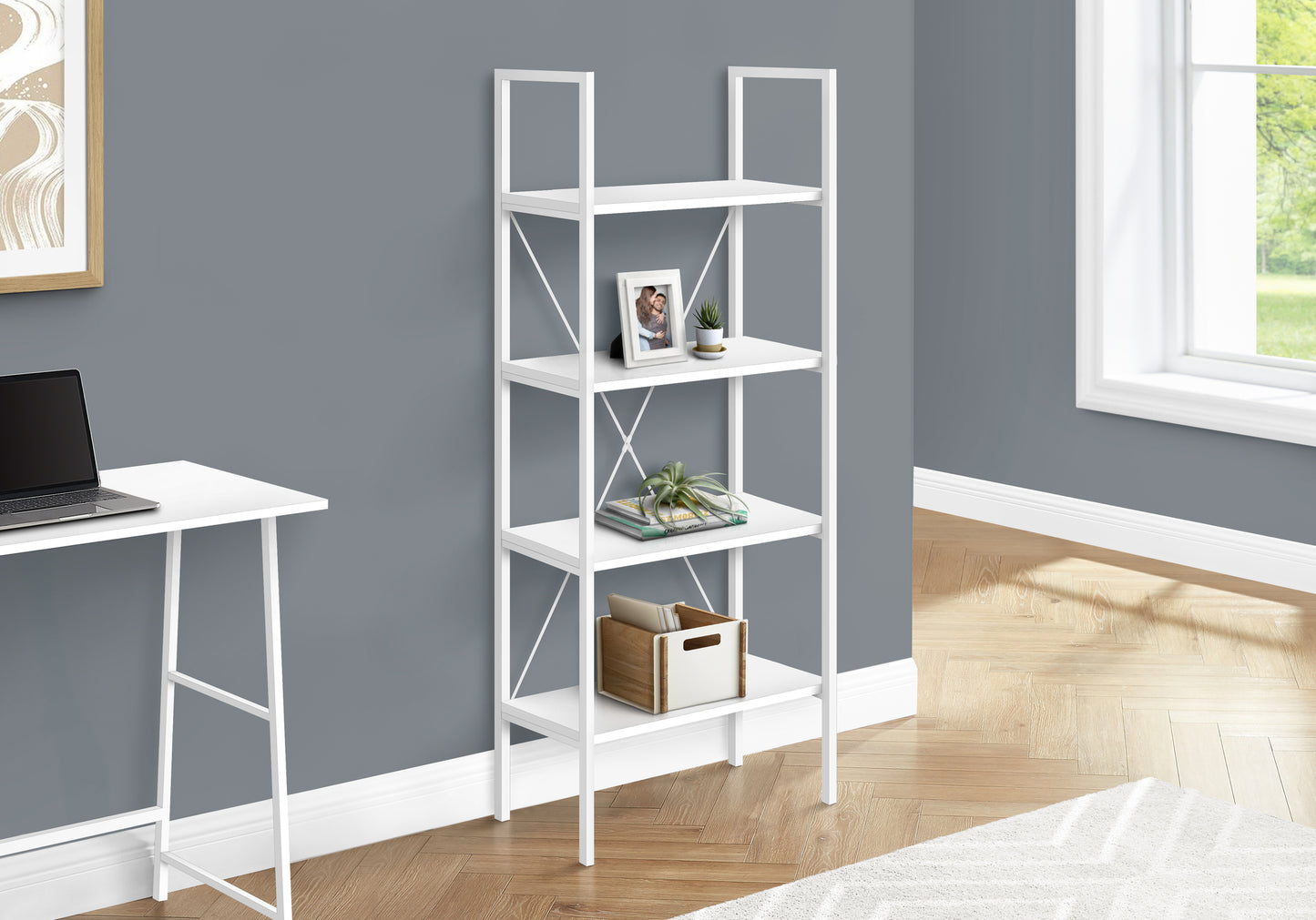 Bookshelf, Bookcase, 4 Tier, 48"h, Office, Bedroom, White Laminate, White Metal, Contemporary, Modern