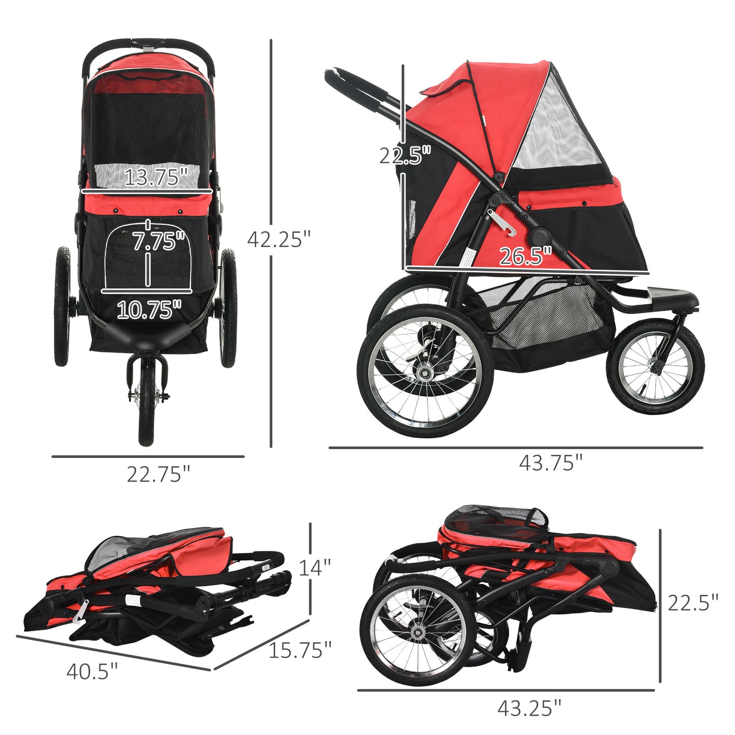 PawHut Pet Stroller for Small and Medium Dogs, 3 Big Wheels Foldable Cat Stroller with Adjustable Canopy, Safety Tether, Storage Basket, Red