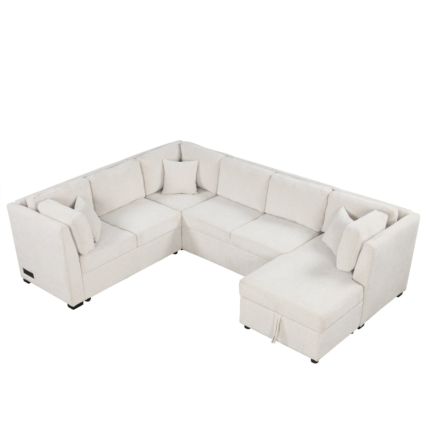 Beige U-shaped Sectional Sofa Pull Out Sofa Bed with USB Ports, Power Sockets, Back Pillows, Storage Chaise