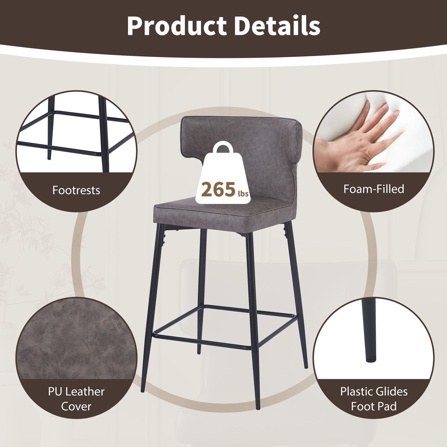 28inch Counter Height Bar Stools Set of 2, Modern Bar Upholstered Chairs with PU Leather, Metal Footrest and Frame for Kitchen Island, Bar Table, Dining Room, Gray