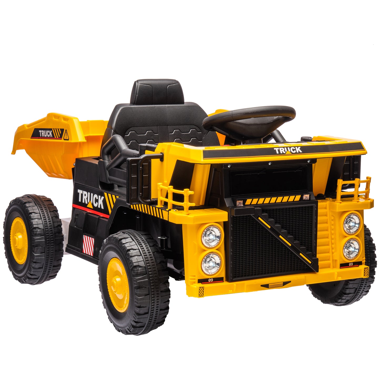 Qaba Kids Ride on Dump Truck, 12V Ride on Car with Electric Dump Bed and Extra Shovel, Spring Suspension Wheels, Music Player, LED Headlights for Boys & Girls Ages 3-5 Years