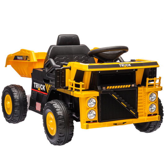 Qaba Kids Ride on Dump Truck, 12V Ride on Car with Electric Dump Bed and Extra Shovel, Spring Suspension Wheels, Music Player, LED Headlights for Boys & Girls Ages 3-5 Years
