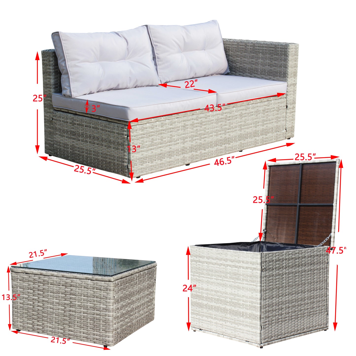 4 Piece Patio Sectional Wicker Rattan Outdoor Furniture Sofa Set with Storage Box Grey