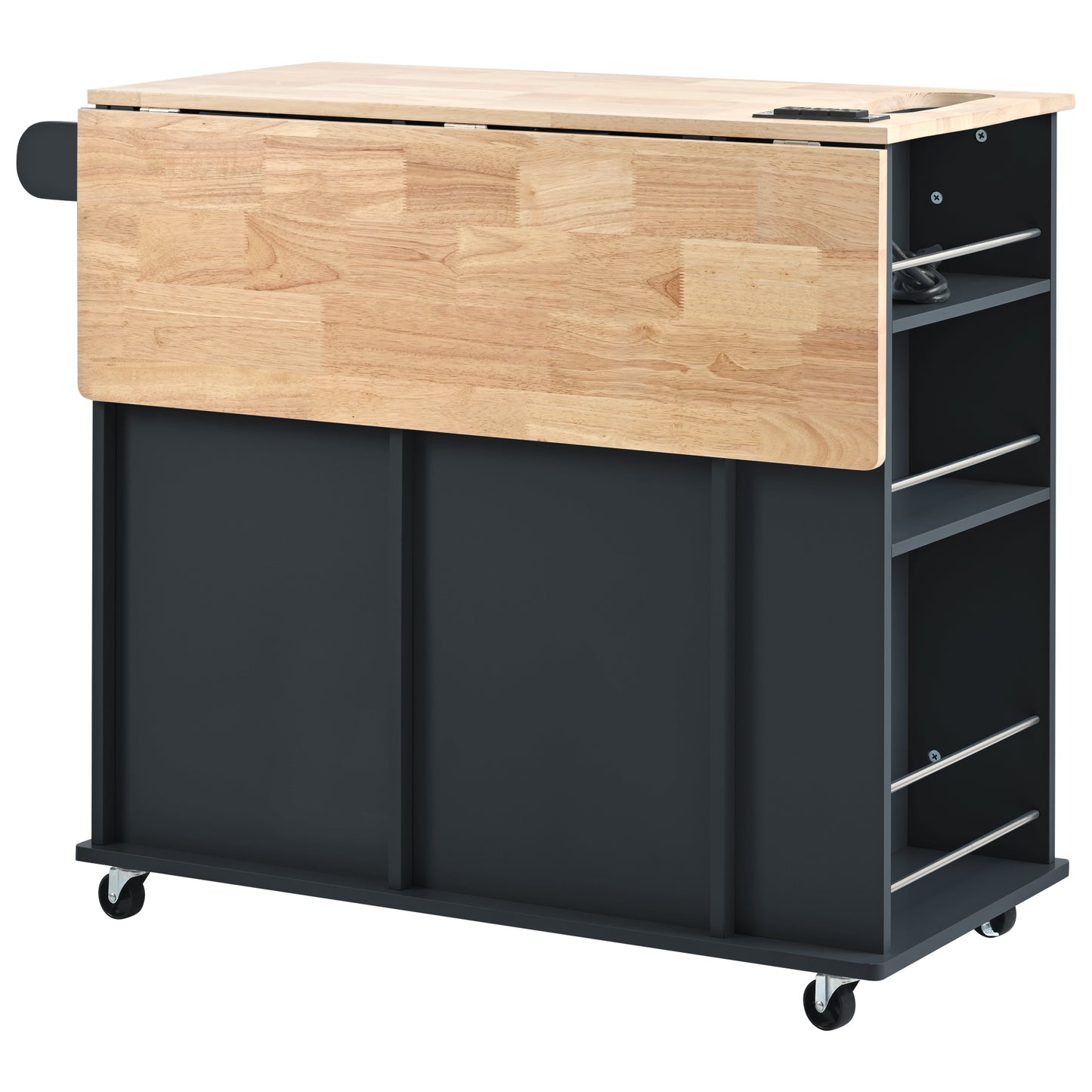 Kitchen Island with Power Outlet,Kitchen Storage Island with Drop Leaf and Rubber Wood,Open Storage and Wine Rack,5 Wheels,with Adjustable Storage for Home, Kitchen, and Dining Room, Black