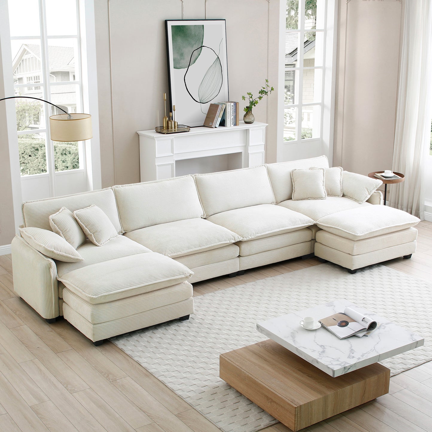 Over size U Shape Corduroy Sofa , Modern Upholstered 4 Seater Sofa with 2  Ottomans,  Premium Soft Corduroy Fabric Sofa