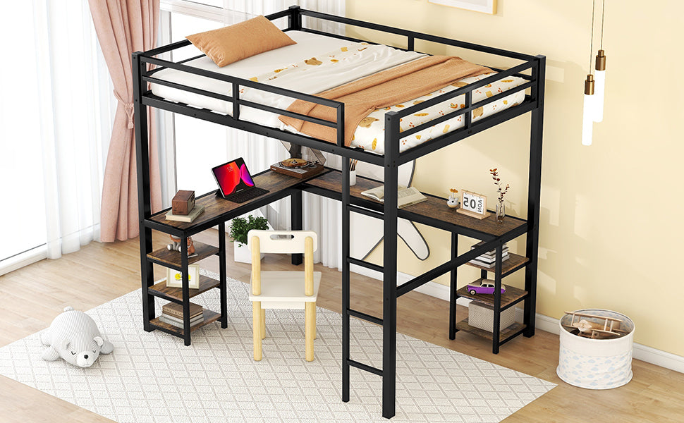 Full Metal Loft Bed with Desk and Shelves, Loft Bed with Ladder and Guardrails, Loft Bed Frame for Bedroom, Black with Vintage wood-colored desk(Old SKU: W1307S00022)