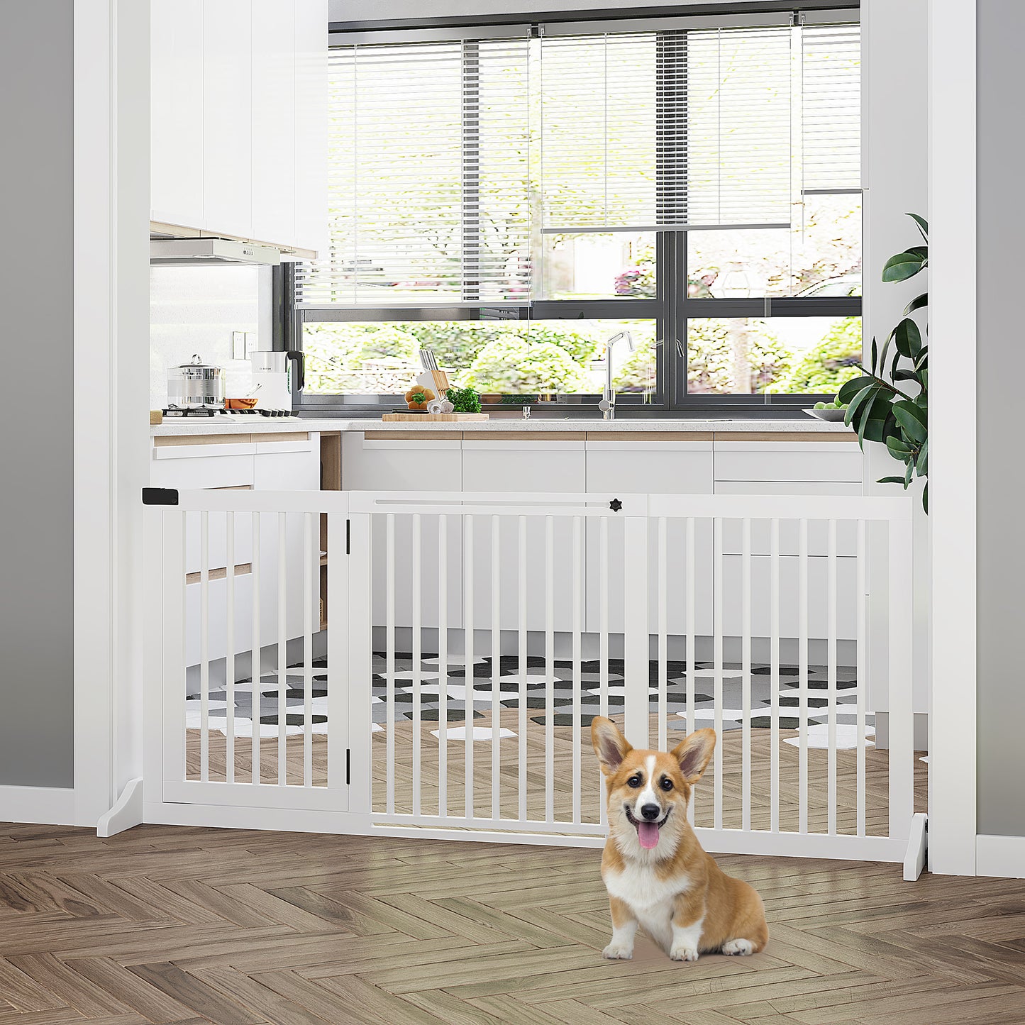 PawHut Adjustable Wooden Pet Gate, Freestanding Dog Fence for Doorway, Hall, 3 Panels w/ Safety Barrier, Lockable Door, White, 44.5"-65.25" L x 14.25" H