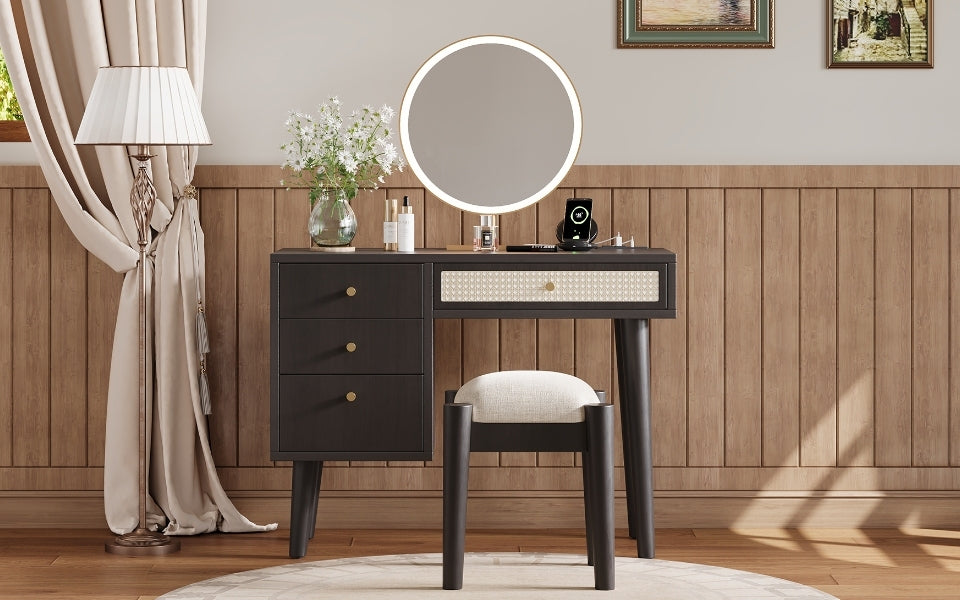 39" Retro Bohemian Style Wooden Makeup Vanity Set with Charging Plug&USB Port and Stool, Dressing Table with 3 Storage Drawers and 1 Rectangular Rattan Drawer, Black