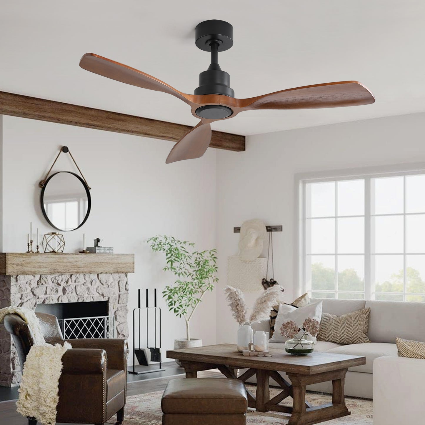 48 Inch Ceiling Fan Without Light, 3 Solid Wood Blades Indoor&Outdoor Ceiling Fan 6-speed Reversible DC Motor for Living Room