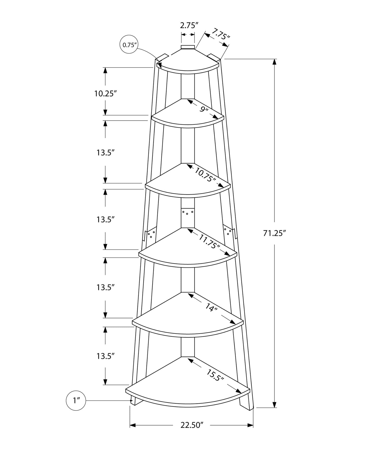 Bookshelf, Bookcase, Etagere, Corner, 5 Tier, 72"h, Office, Bedroom, Grey And Black Laminate, Contemporary, Modern