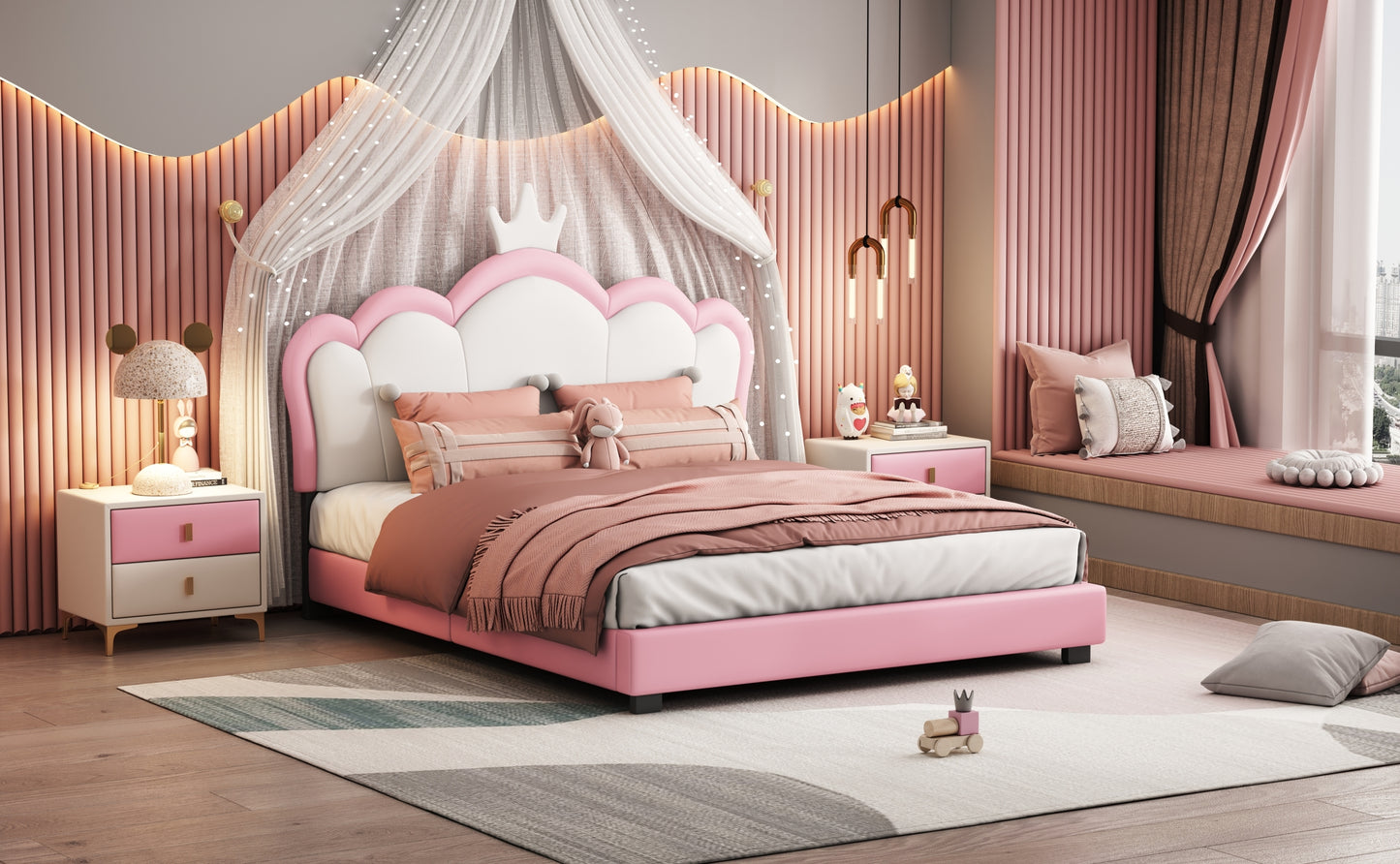Full size Upholstered Princess Bed With Crown Headboard,Full Size Platform Bed with Headboard and Footboard, White+Pink
