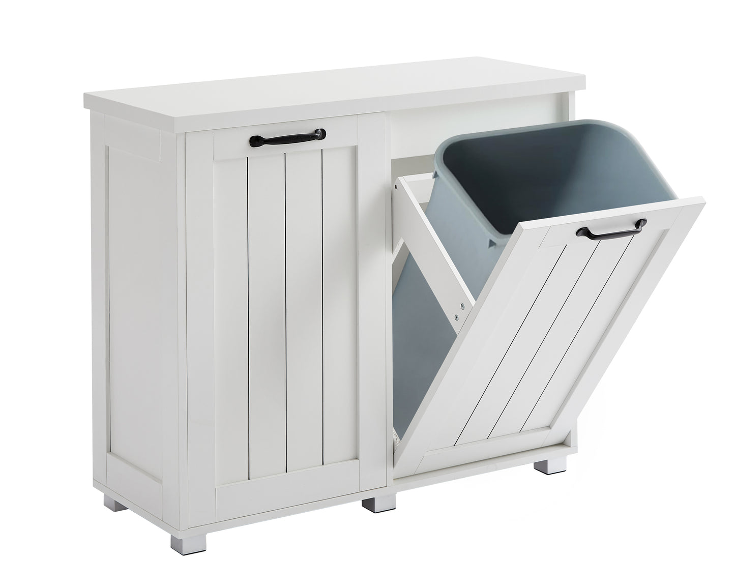 Two-Compartment Tilt-Out Trash Cabinet, Pet Proof Kitchen Trash Cabinet with Cutting Board, Free Standing Laundry Sorter Cabinet, Laundry Hamper, White