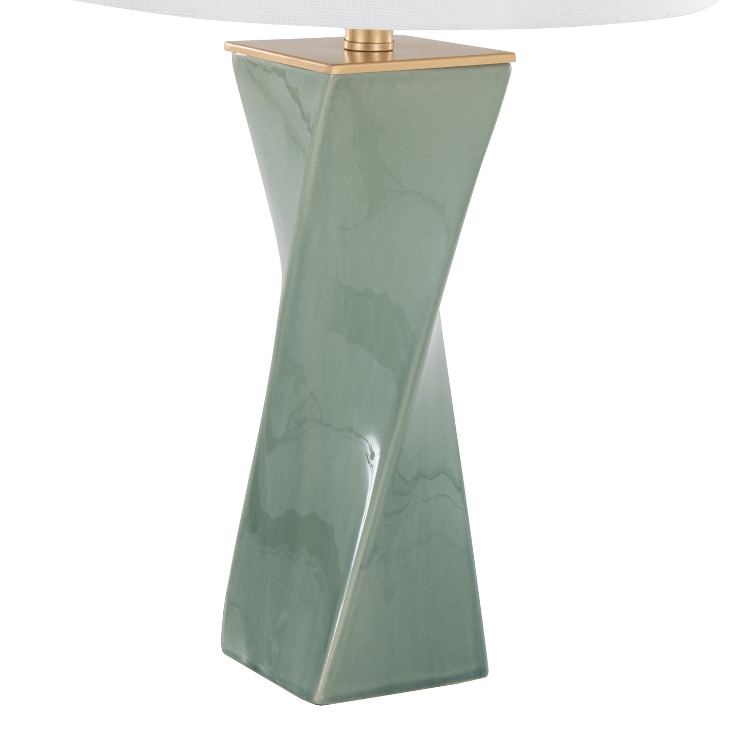 Curvo Square Contemporary 27" Ceramic Table Lamp in Sage Green Ceramic, Gold Metal, and White Linen by LumiSource