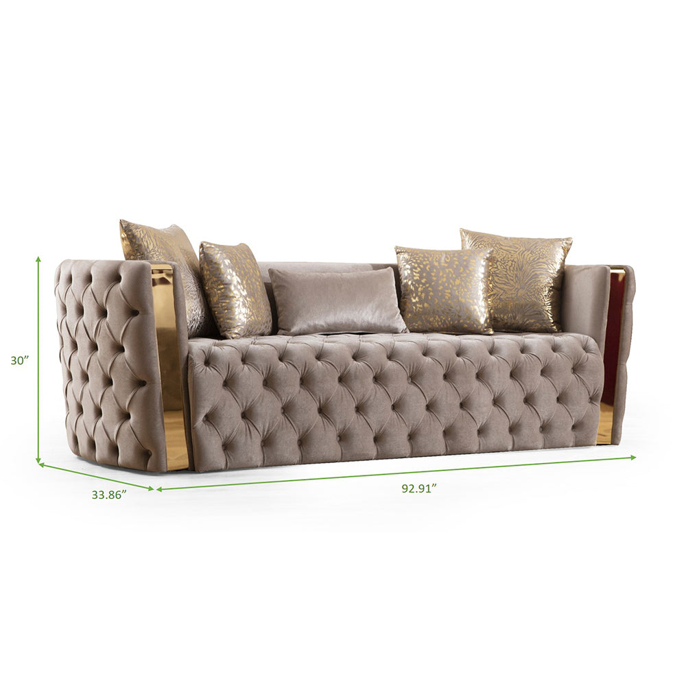 Button Tufted Sofa with Velvet Fabric and Gold Accent in Taupe