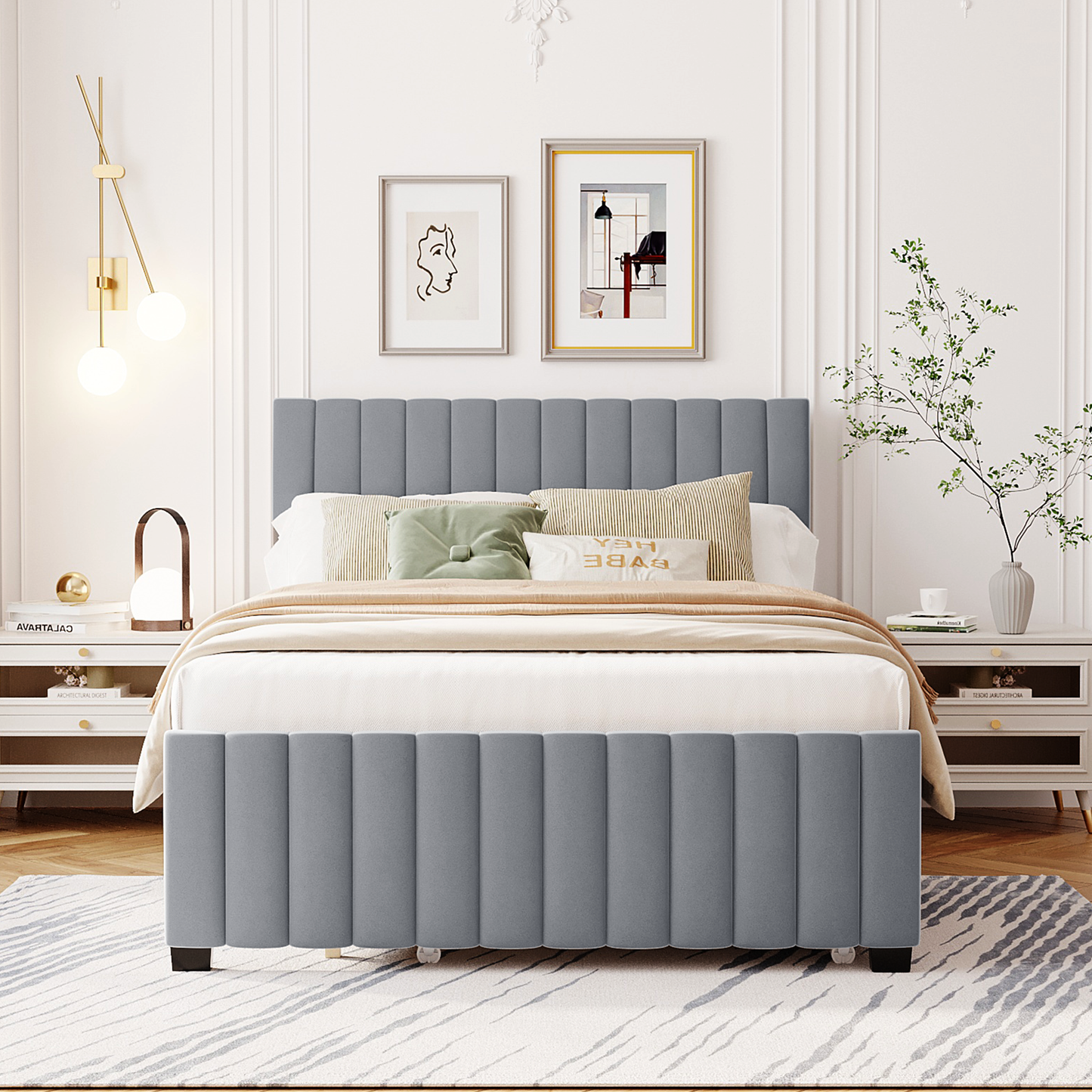 Full Size Velvet Upholstered Platform Bed with Twin Size Trundle, Gray