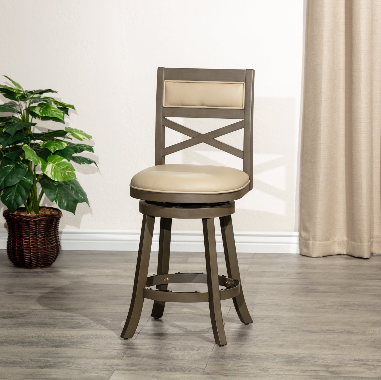 24" Counter Height X-Back Swivel Stool, Weathered Gray Finish, French Gray Leather Seat