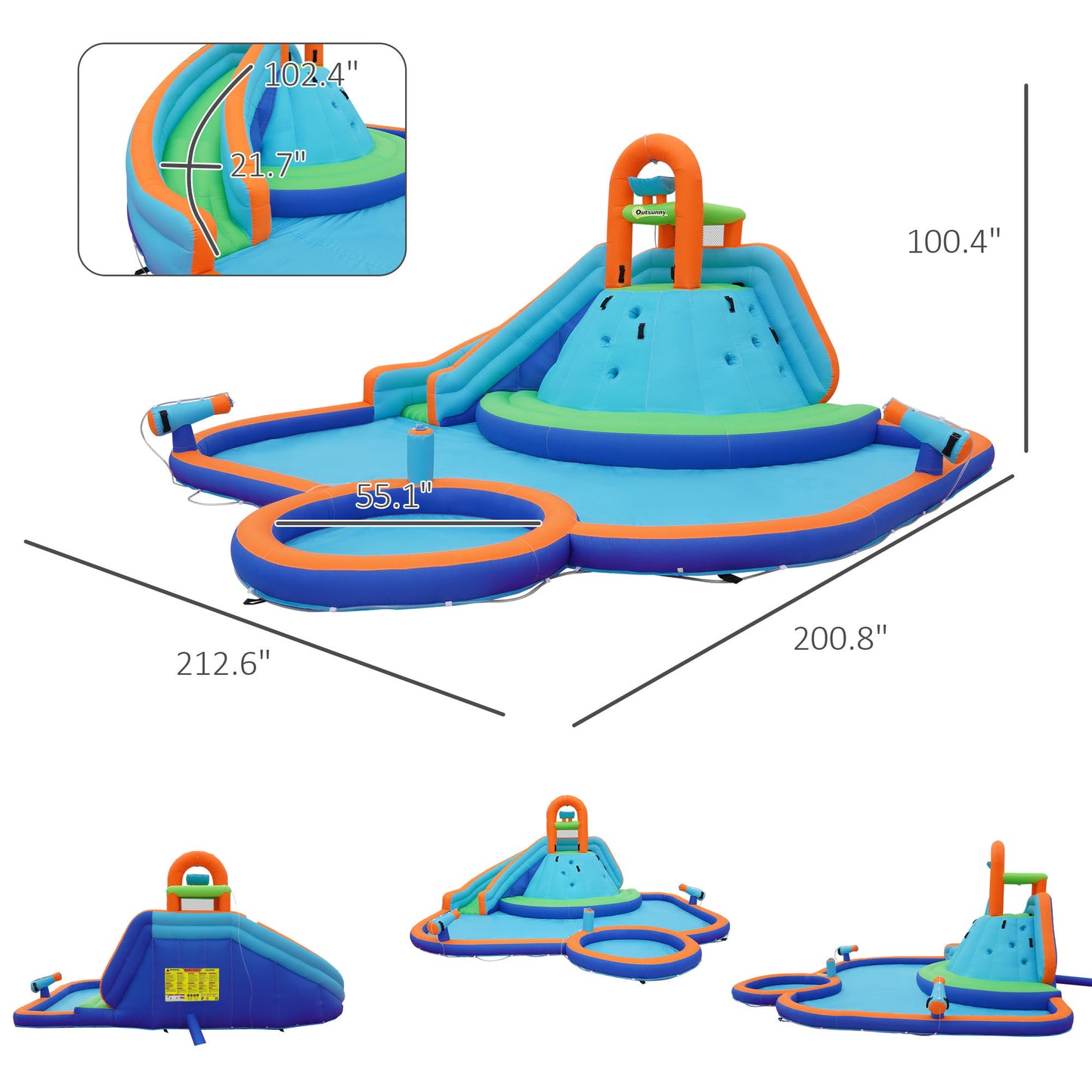 Outsunny Kids Inflatable Water Slide 4-in-1 Bounce House Water Park Jumping Castle with Water Pool, Slide, Climbing Walls, & 2 Water Cannons, 450W Air Blower