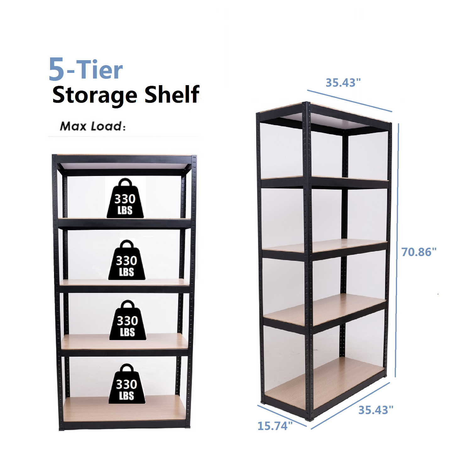 Storage Shelves -  5 Tier Adjustable Garage Storage Shelving, Heavy Duty Metal Storage Utility Rack Shelf Unit for Warehouse Pantry Closet Kitchen, 35.4" x 15.7" x 70.8", Black