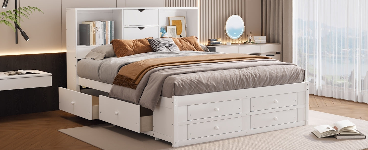 King Size Platform Bed with Storage Headboard and 8 Drawers, White