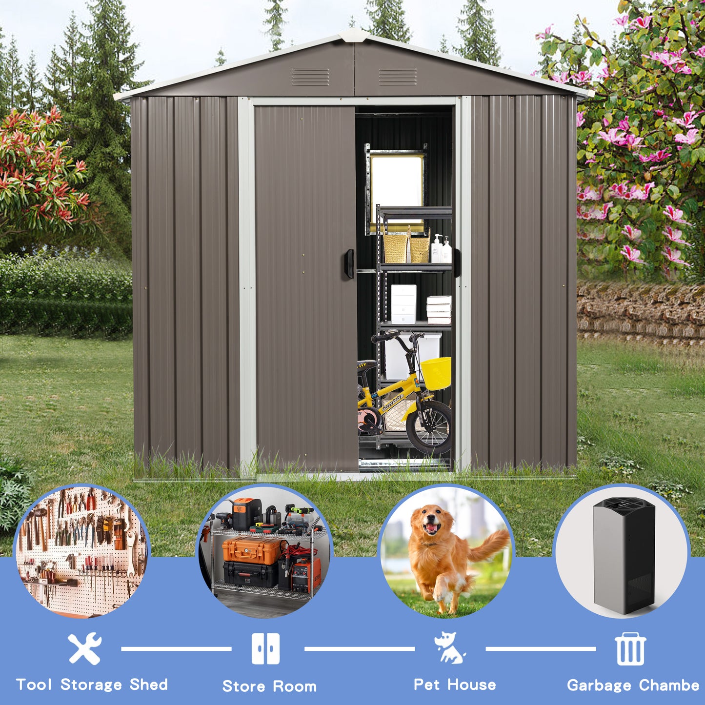 8ft x 4ft Outdoor Metal Storage Shed With window and metal foundation,Gray