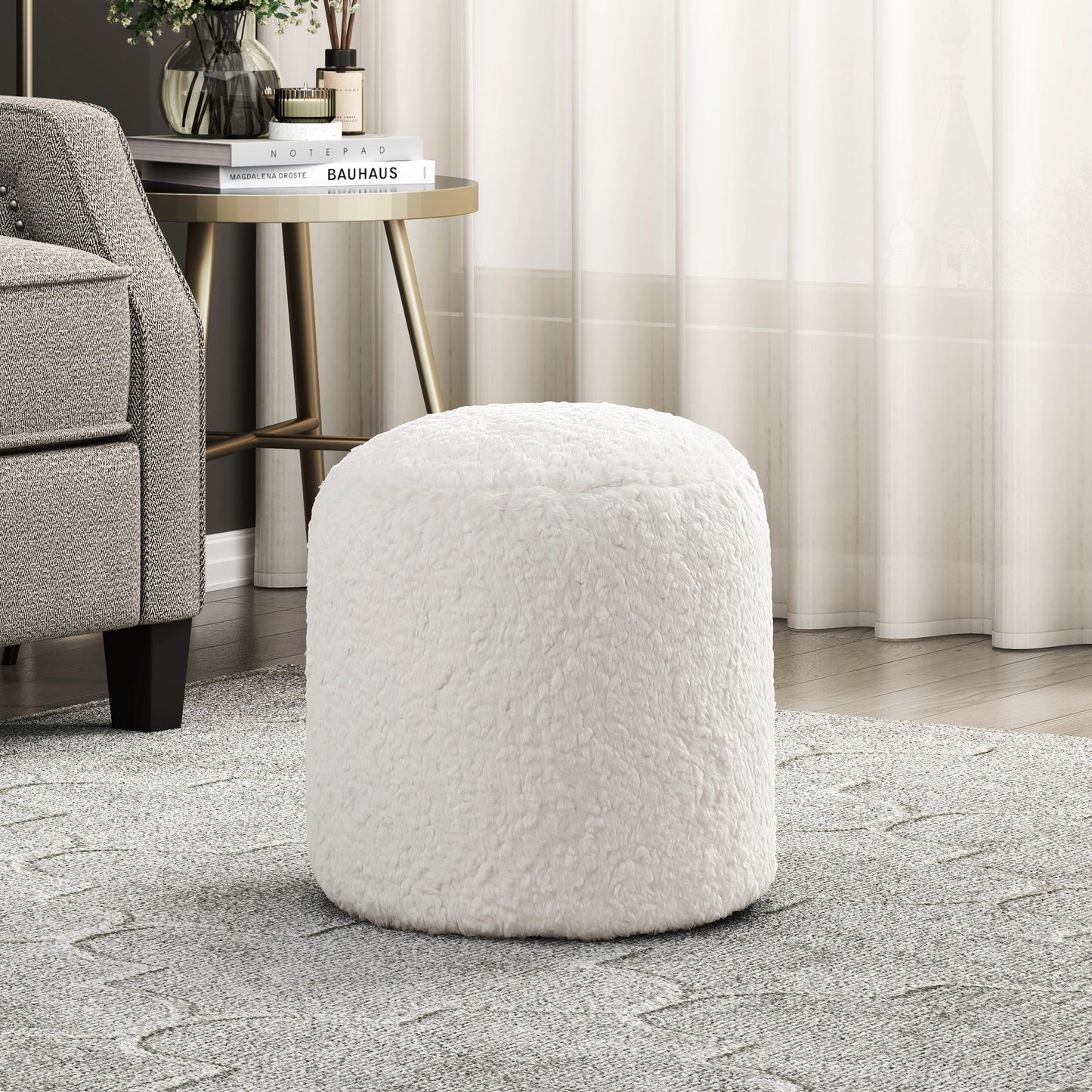 Modern Pouf Off-White Faux Fur Fabric Upholstered Ottoman, Footstool, Non-Slip Floor Pouf, Bean Bag Chair, 1pc Sitting Pouf