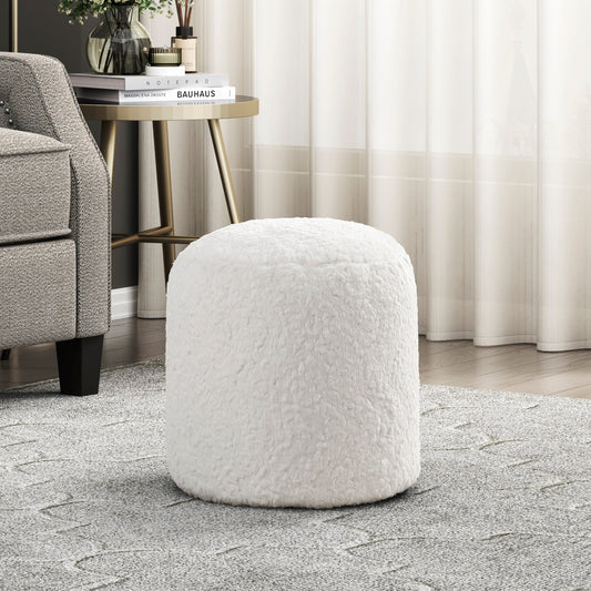 Modern Pouf Off-White Faux Fur Fabric Upholstered Ottoman, Footstool, Non-Slip Floor Pouf, Bean Bag Chair, 1pc Sitting Pouf