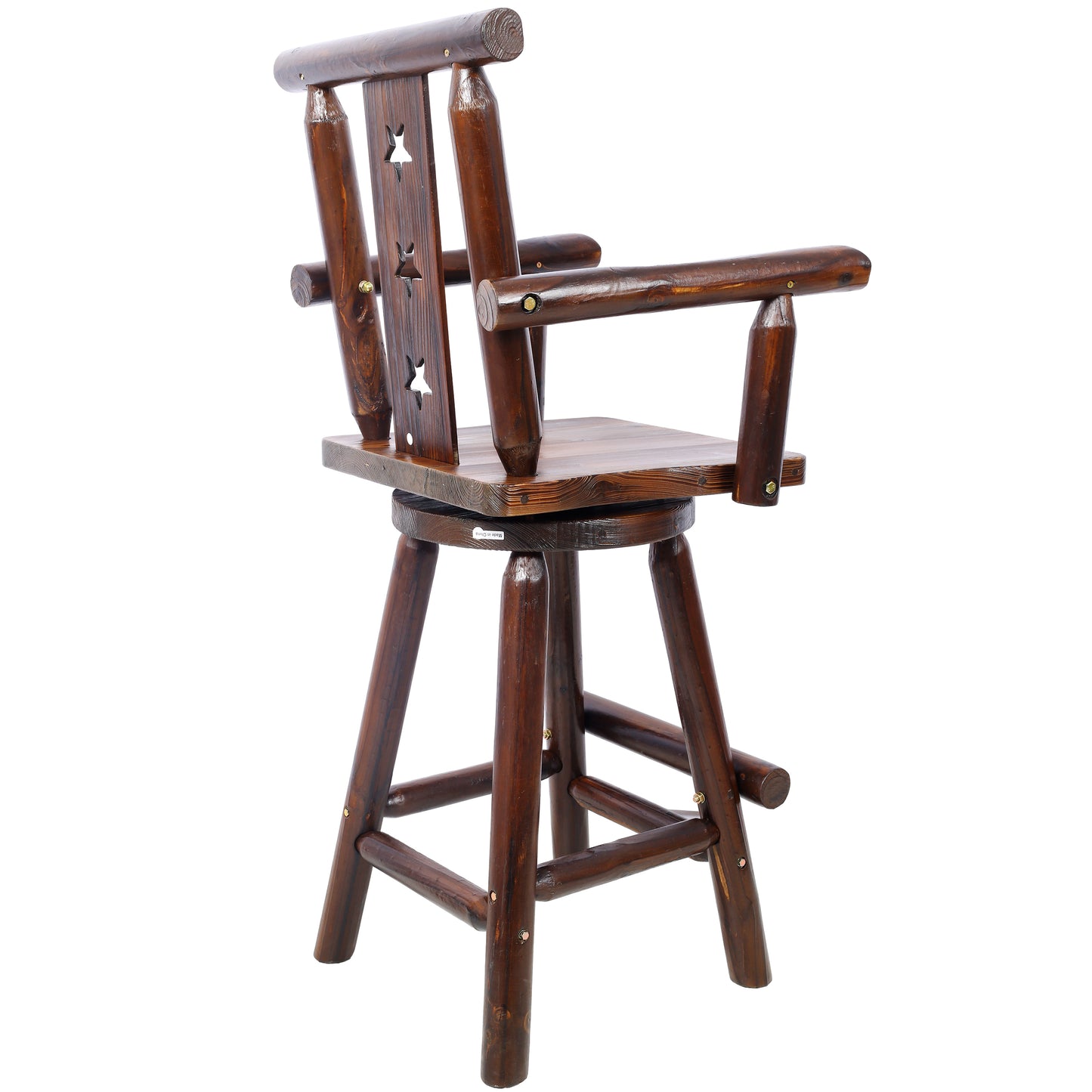 Rustic Bar Stool - Fir Wood Construction, Chair withDecorative Star Backrest, Footrest,Wide Armrest, Rustic Kitchen Stool, Tall Bistro Chair for Dining Room, Restaurant, Pub, 4-Foot,brown color