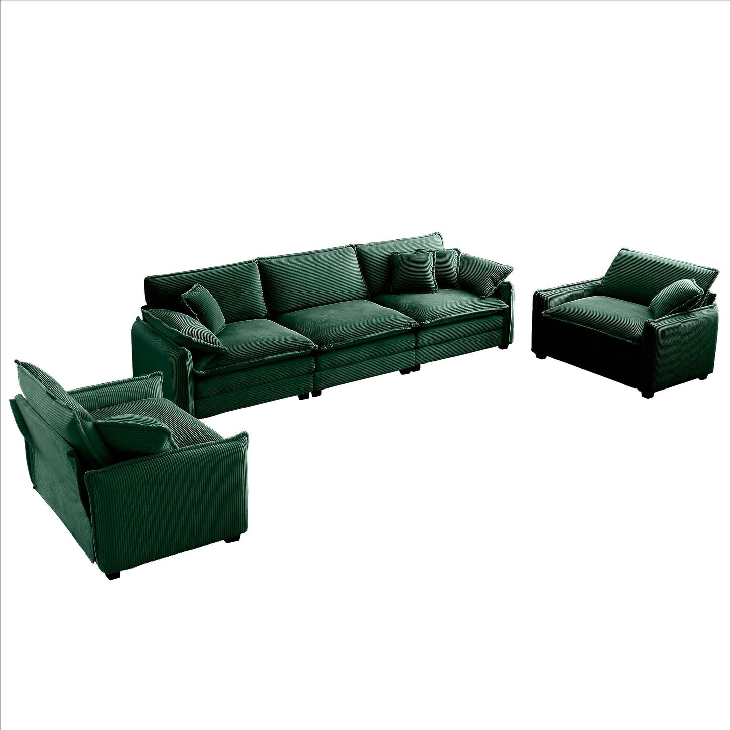 Warm and Cozy Sofa Set with Soft Cushions and Pillows, Home Theater Style Sofa Set Consisting of a 3-Seater Sofa and Two Single Sofas inGreen Corduroy Fabric