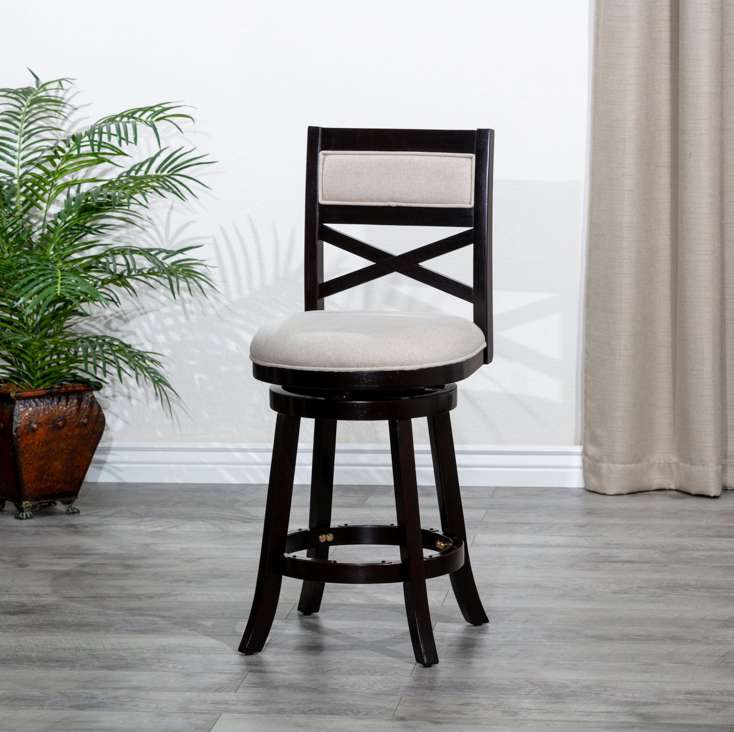 24" Counter Height X-Back Swivel Stool, Espresso Finish, Beige Fabric Seat