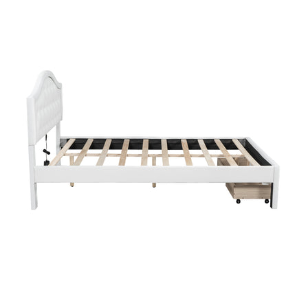 Queen Size Upholstered Platform Bed with Tufted Headboard, LED and 2 Drawers, White