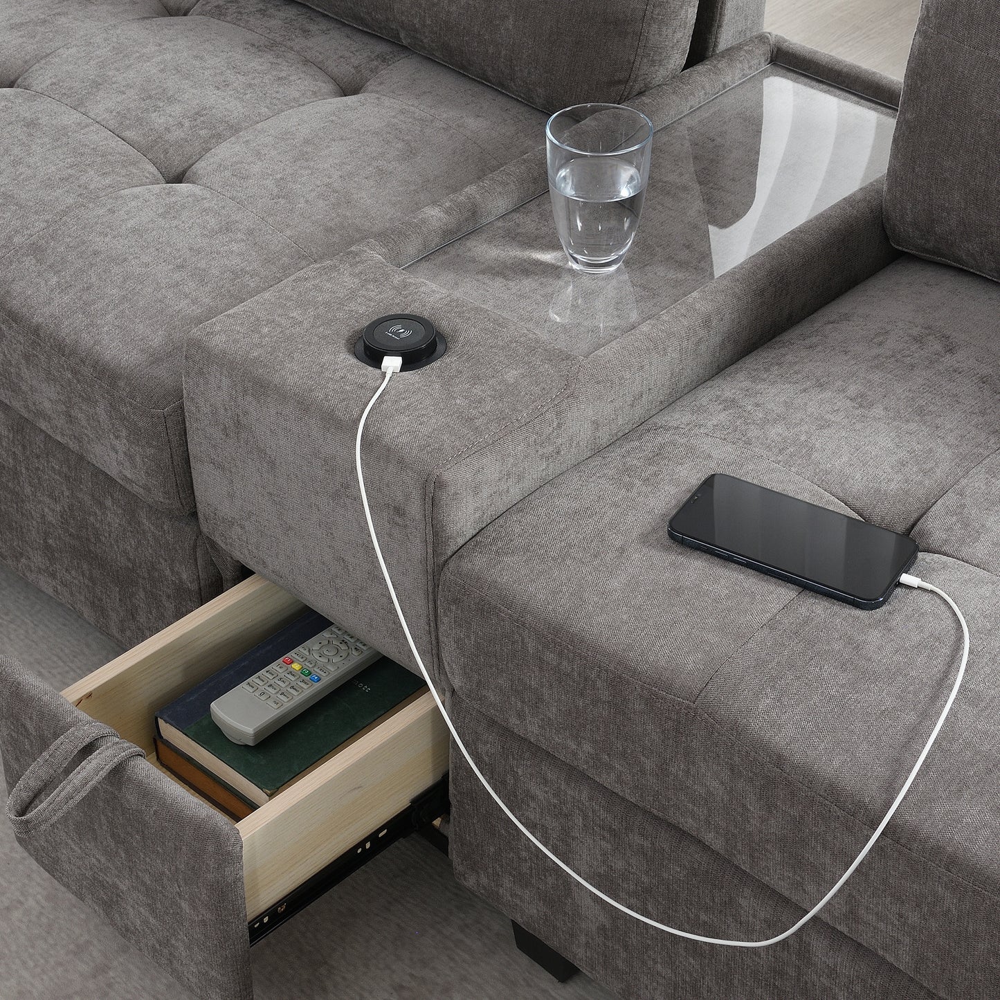 104'' Sectional Sofa with Acrylic Table Top,Chenille U Shaped Couch Set with 2 Consoles,USB Charger,Storage Drawers and Pockets,Movable Ottoman,Tufted Sofa for Living Room,Apartment,2 Colors