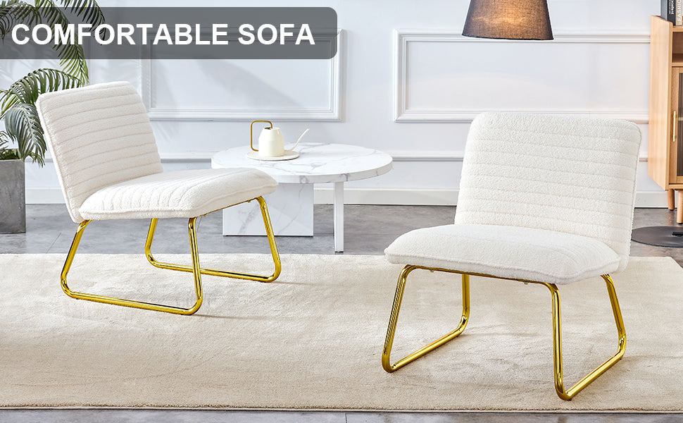 One White minimalist armless sofa chair with plush cushion and backrest paired with golden metal legs, suitable for offices, restaurants, kitchens, bedrooms