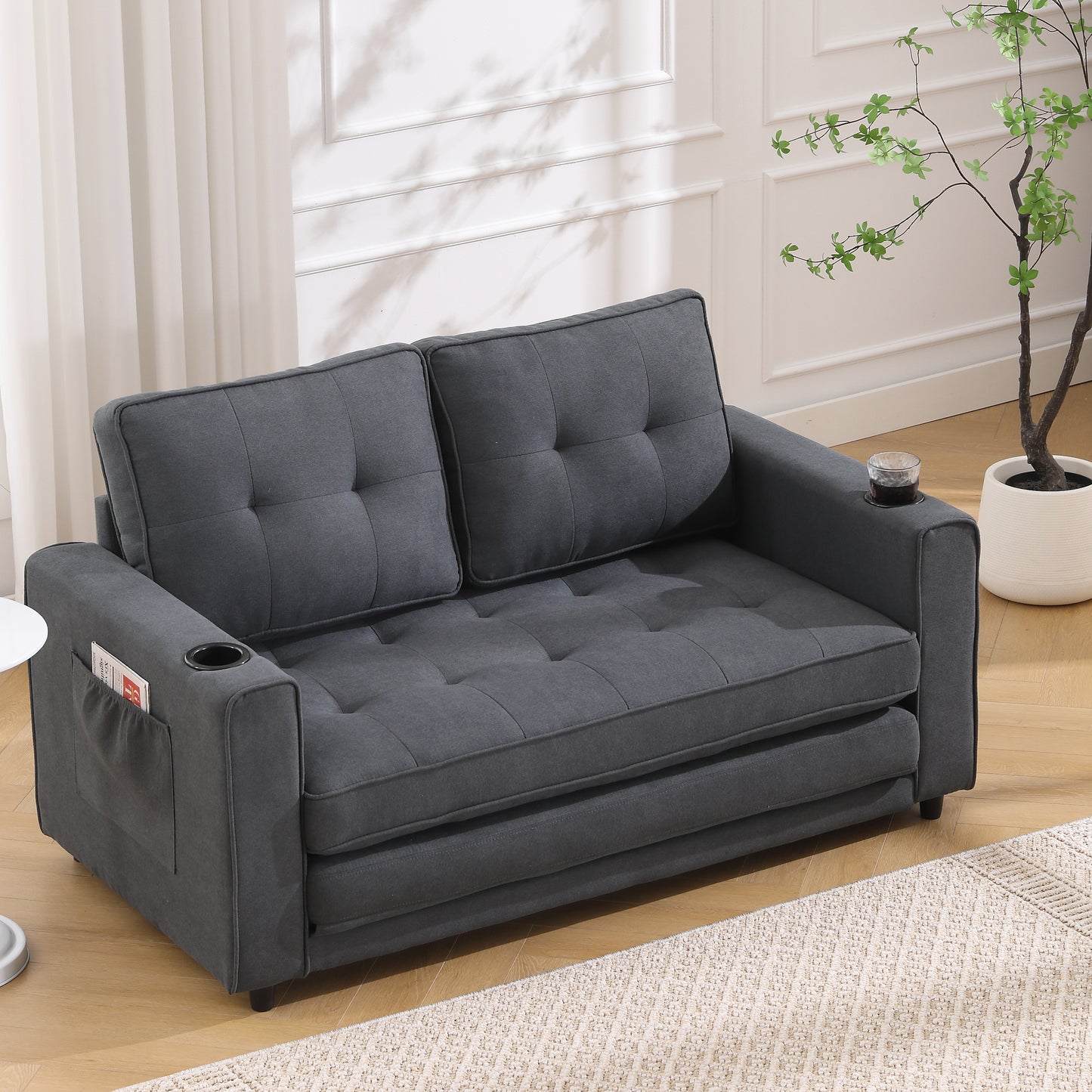 3-in-1 Upholstered Futon Sofa Convertible Sofa bed,Foldable Tufted Loveseat with Pull Out Sleeper Couch Bed,Folding Mattres Love Seat Daybed W/Side Pockets and Cup Holder, Dark Gray