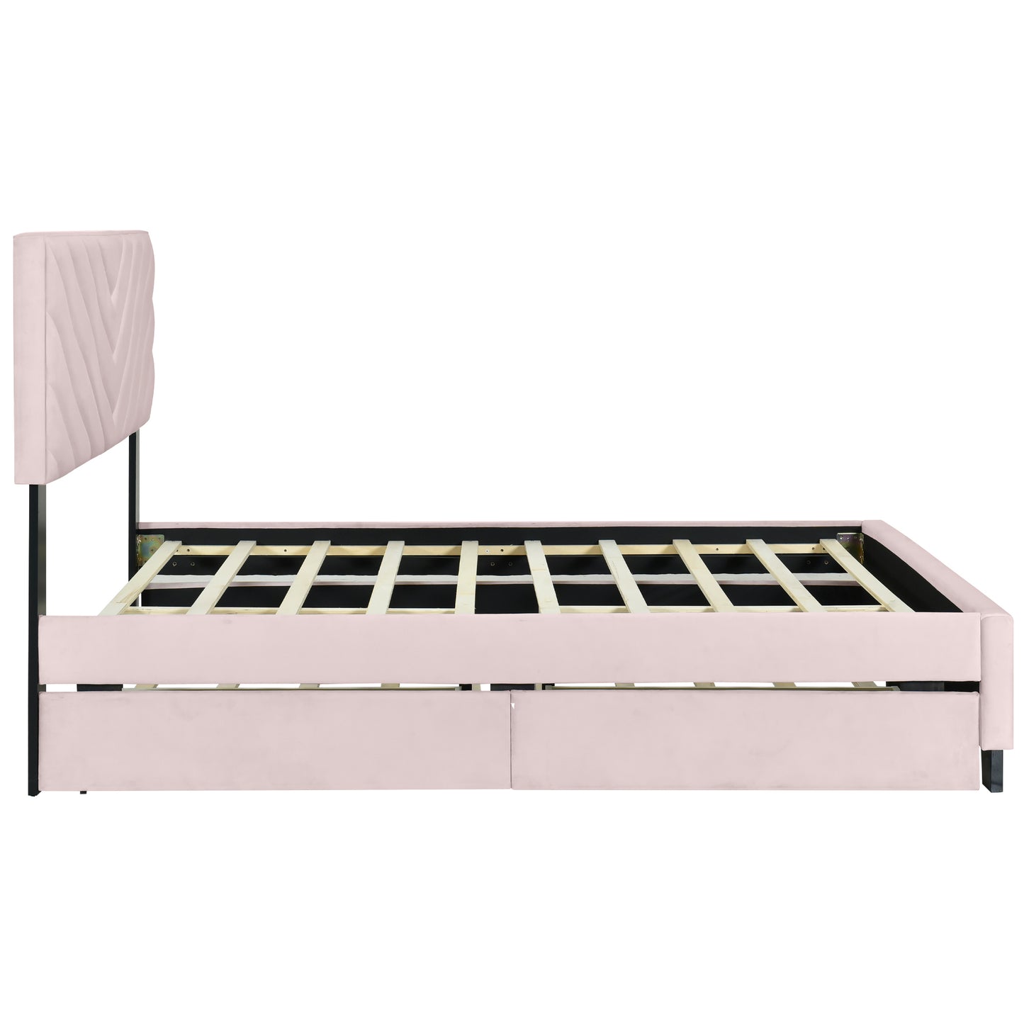 Queen Size Upholstered Platform Bed with Twill Headboard, Pullout Bed and Two Drawers, Flannel,Pink